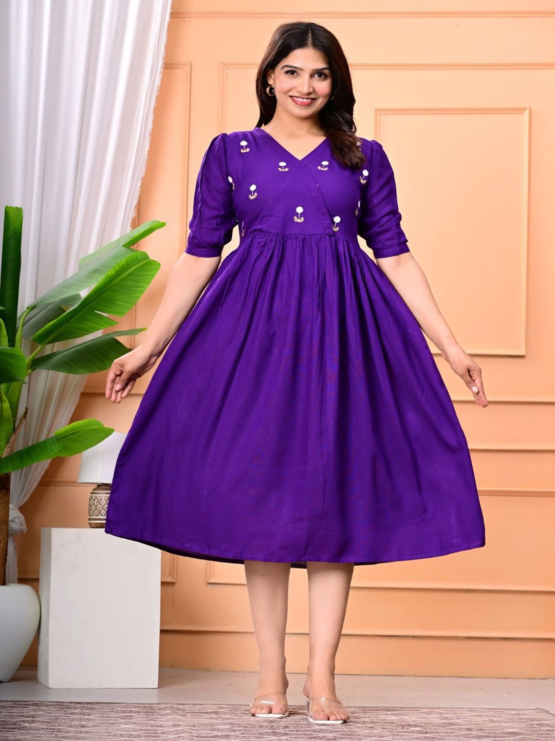 Pollux Craft Floral Embroidered Gathered or Pleated Fit & Flare Midi Dress