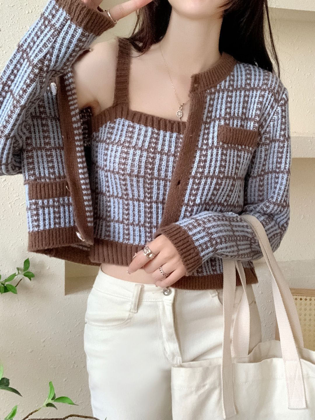 Mast & Harbour Women Blue Collarless Long Sleeves Checked Open Front Sweater