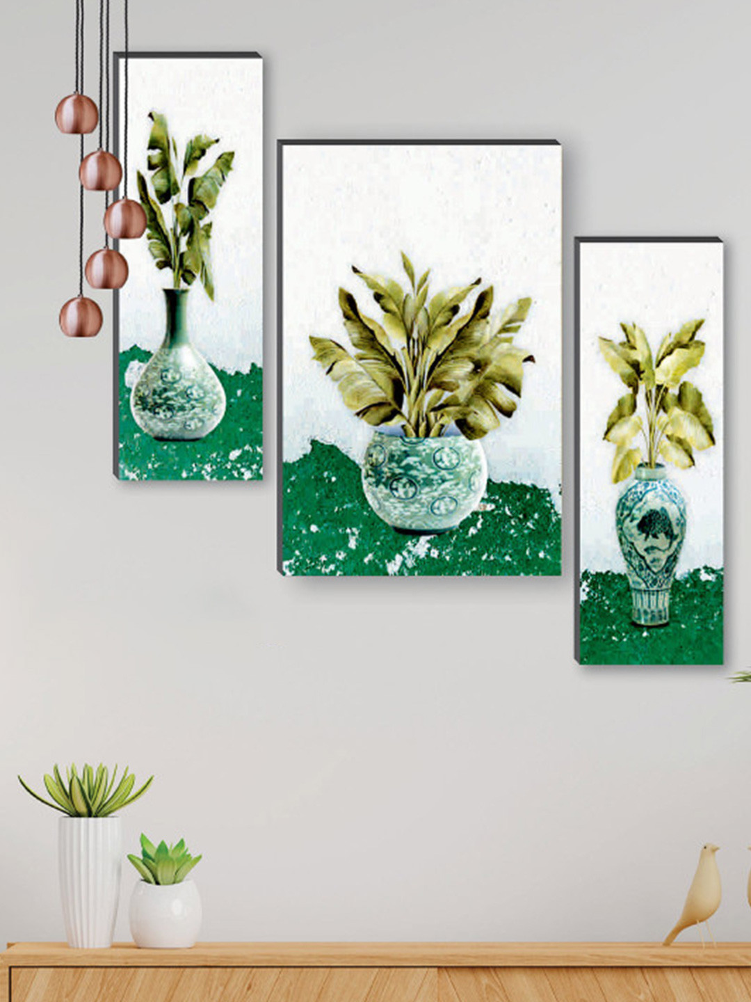 SAF Green & White 3 Pcs Pretty Flowerpot UV Textured Self Adhesive Framed Wall Paintings
