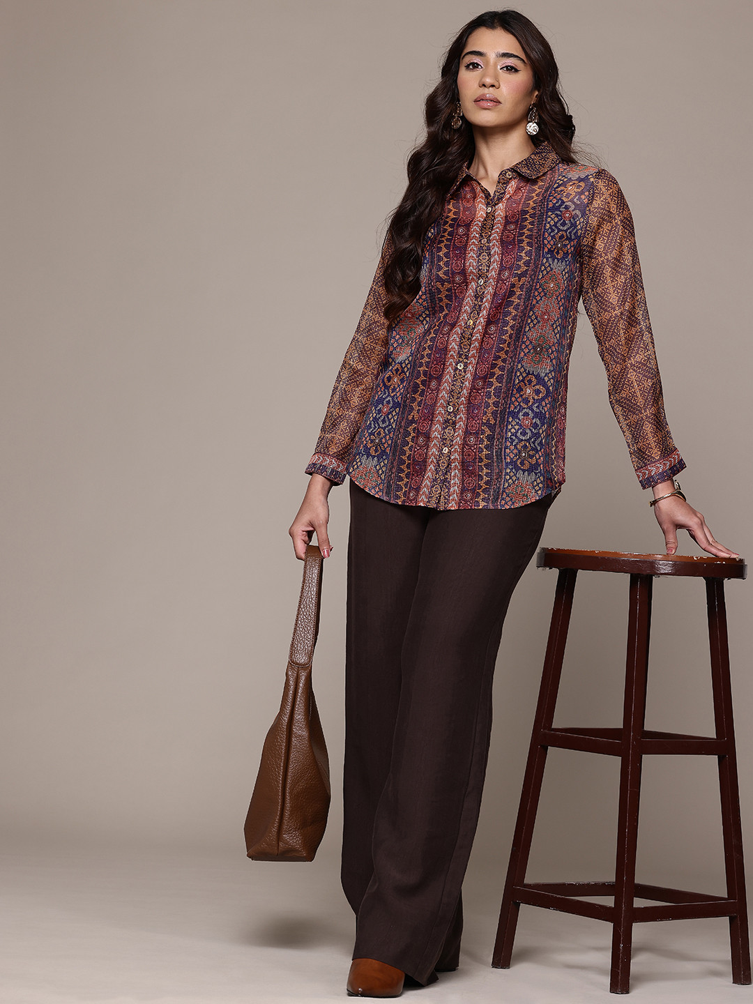 aarke Ritu Kumar Devapi Ethnic Motifs Printed Semi Sheer Casual Shirt with Camisole