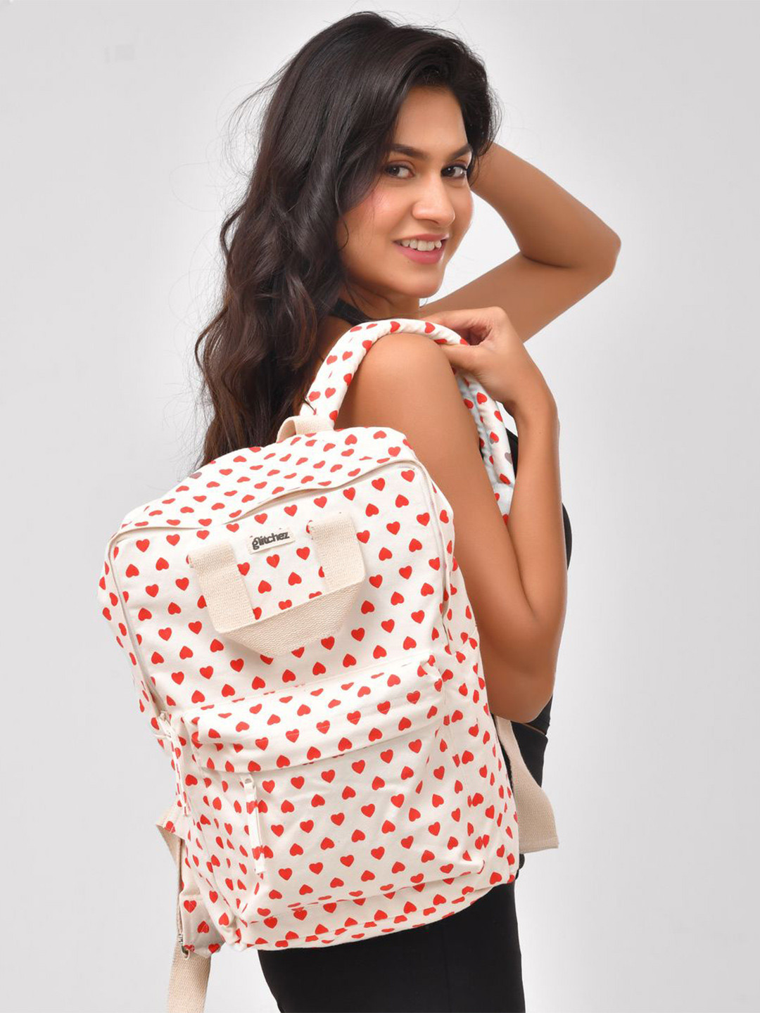 glitchez Women Heart Printed Canvas College Backpack