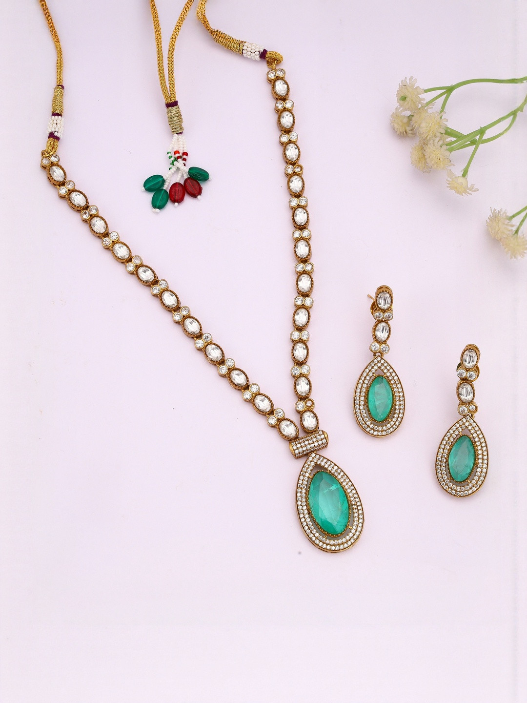 GIFTSSHO Women Green Gold-Plated Brass Polki Moissanite Jewellery Set