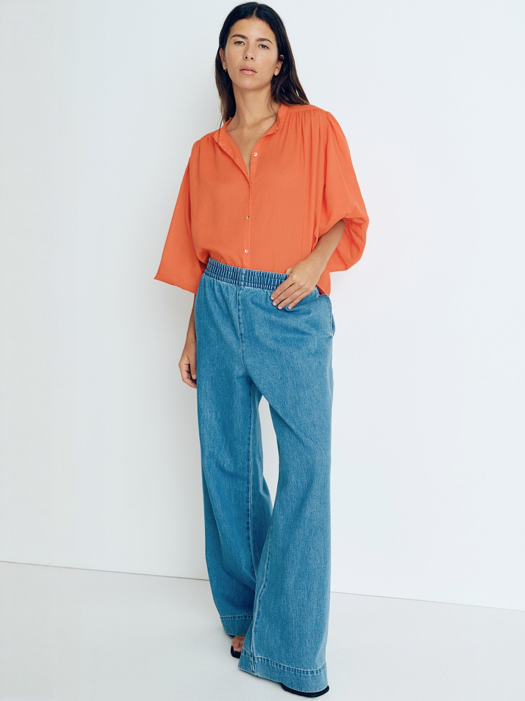 H&M Women Cotton Pull-On Baggy Denim Trousers
