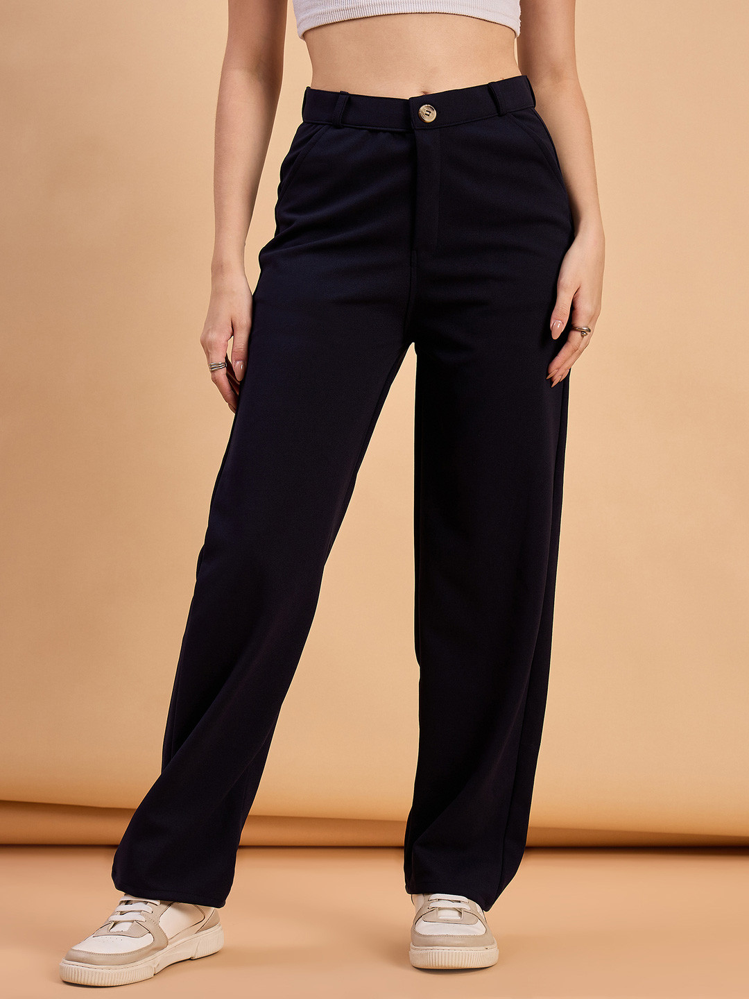 QIOA Women Solid  Relaxed High-Rise Wrinkle Free Trousers