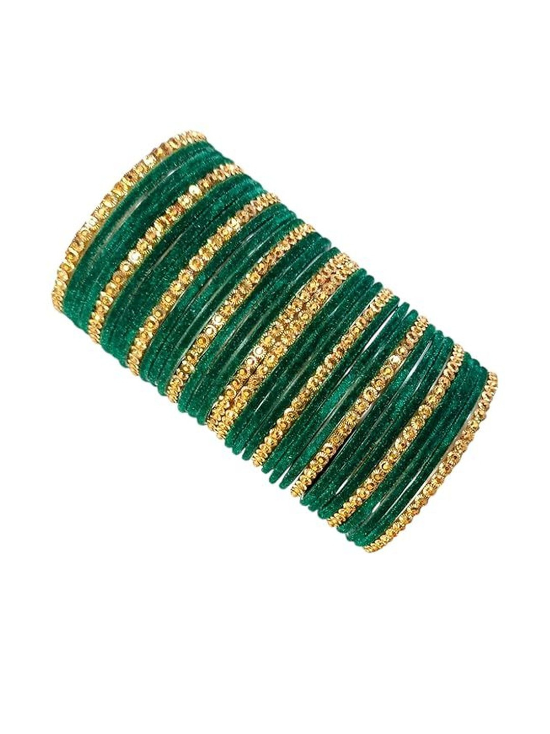 Yaara fashion Women Pack Of 34 Green & Gold-Toned Glass Velvet Bangles