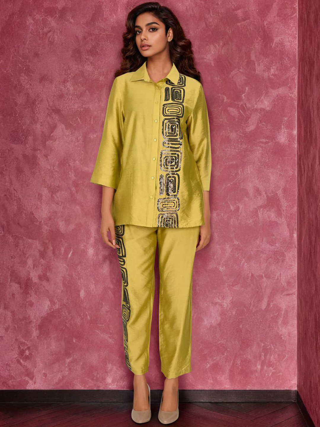 Zolo Label Embellished Shirt Collar Shirt With Trousers Co-Ords