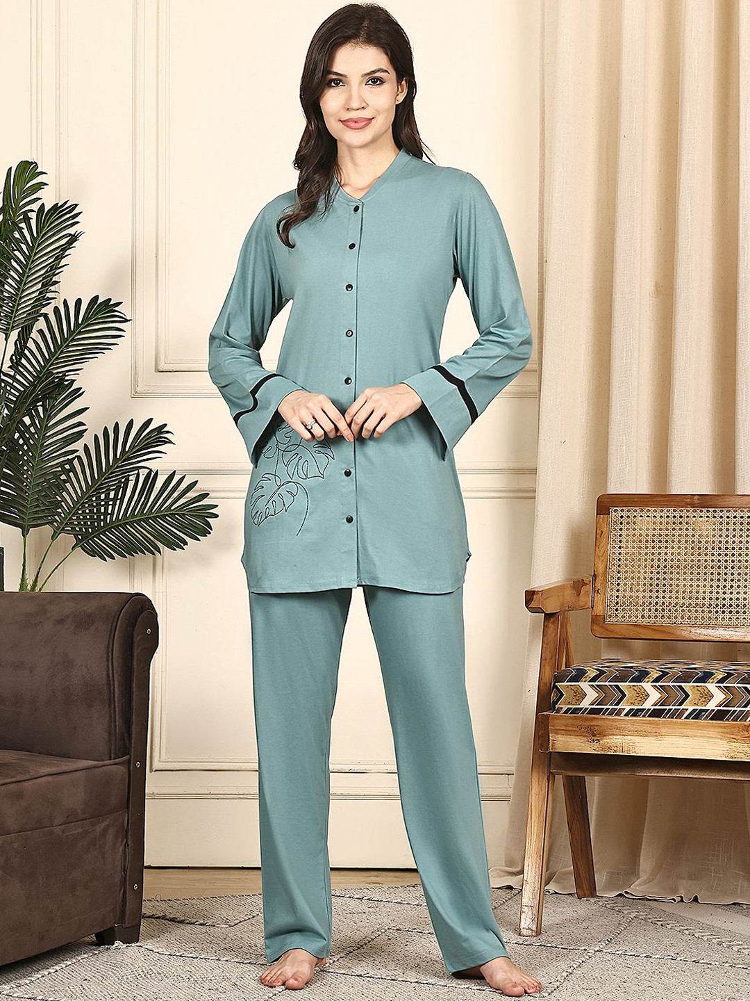 Kanvin Women's Tropical Printed Shirt & Pyjama Night Suit