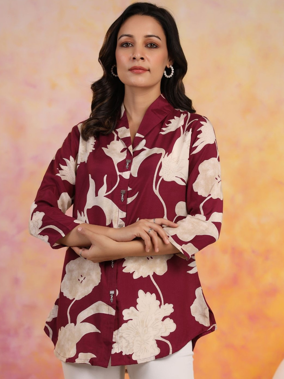 KALINI Wine & Cream Abstract Floral Shirt Tunic in Russian Silk