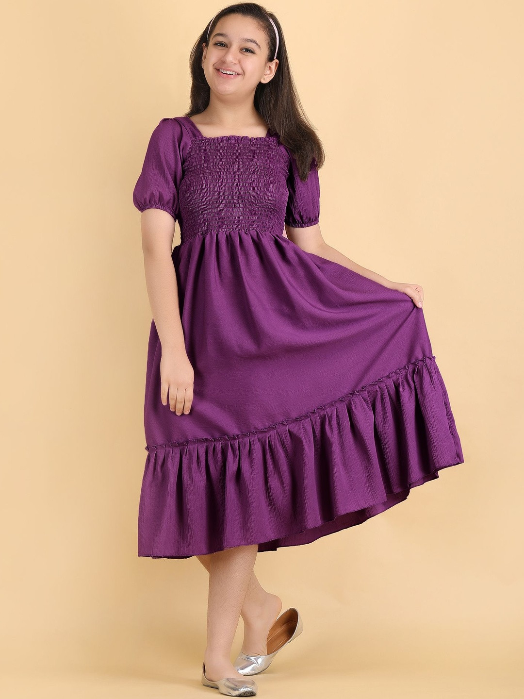 YK Crepe Girls Purple Fit & Flare Midi Dress