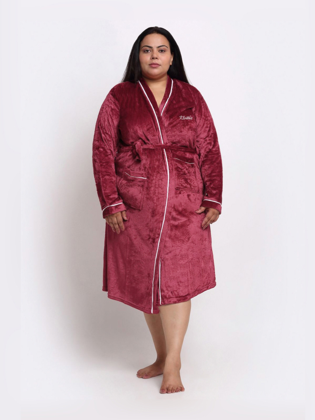 KLOTTHE Red Solid Wool Drawstring Midi Bath Robe-5XL