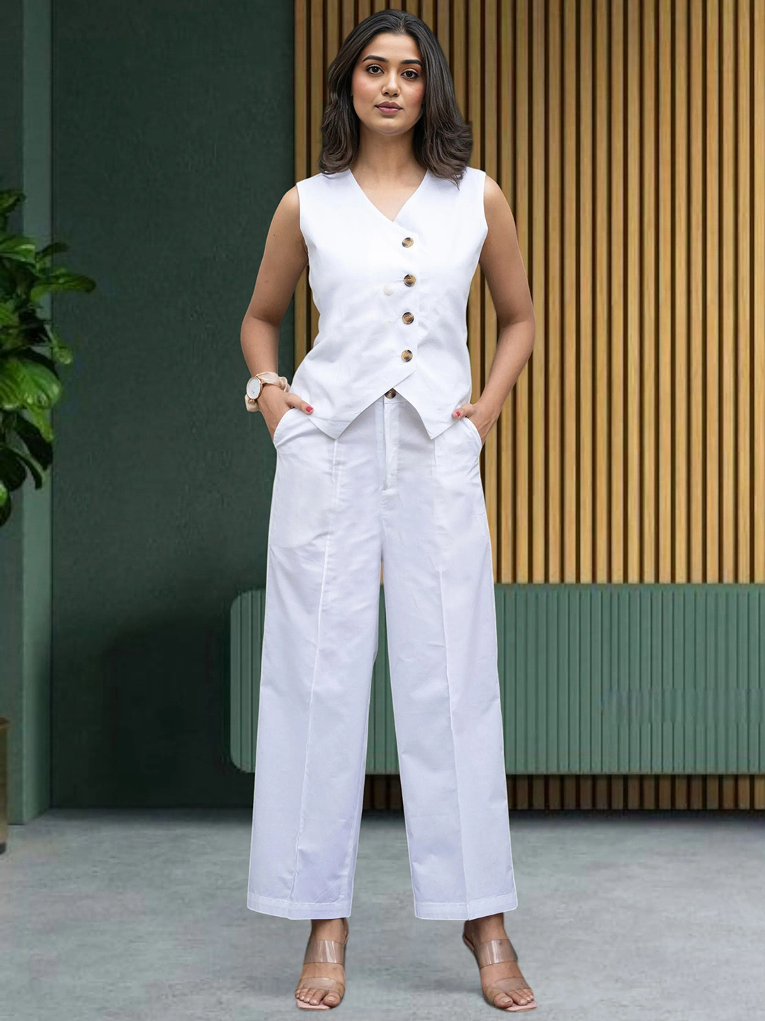 all about you Women White Cotton V-Neck Sleeveless Waistcoat With Trouser Co-Ords