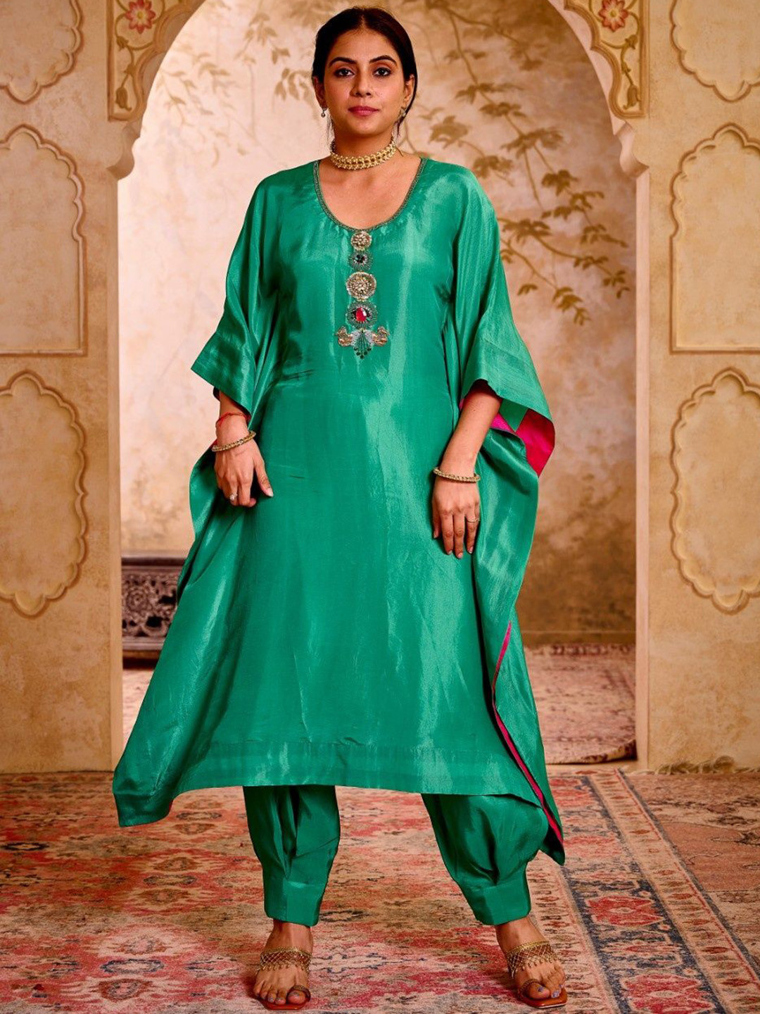 Pearls and Pastels Women Solid Embroidered Kaftan Kurta with Salwar