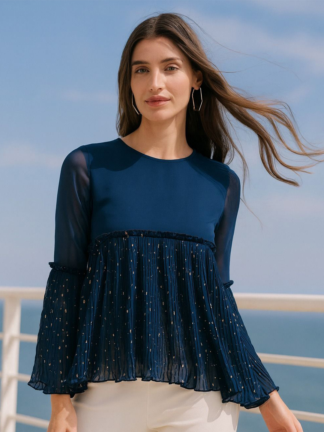 4WRD by Dressberry Women Textured Printed Gathered or Pleated Bell Sleeves A-Line Crop Top