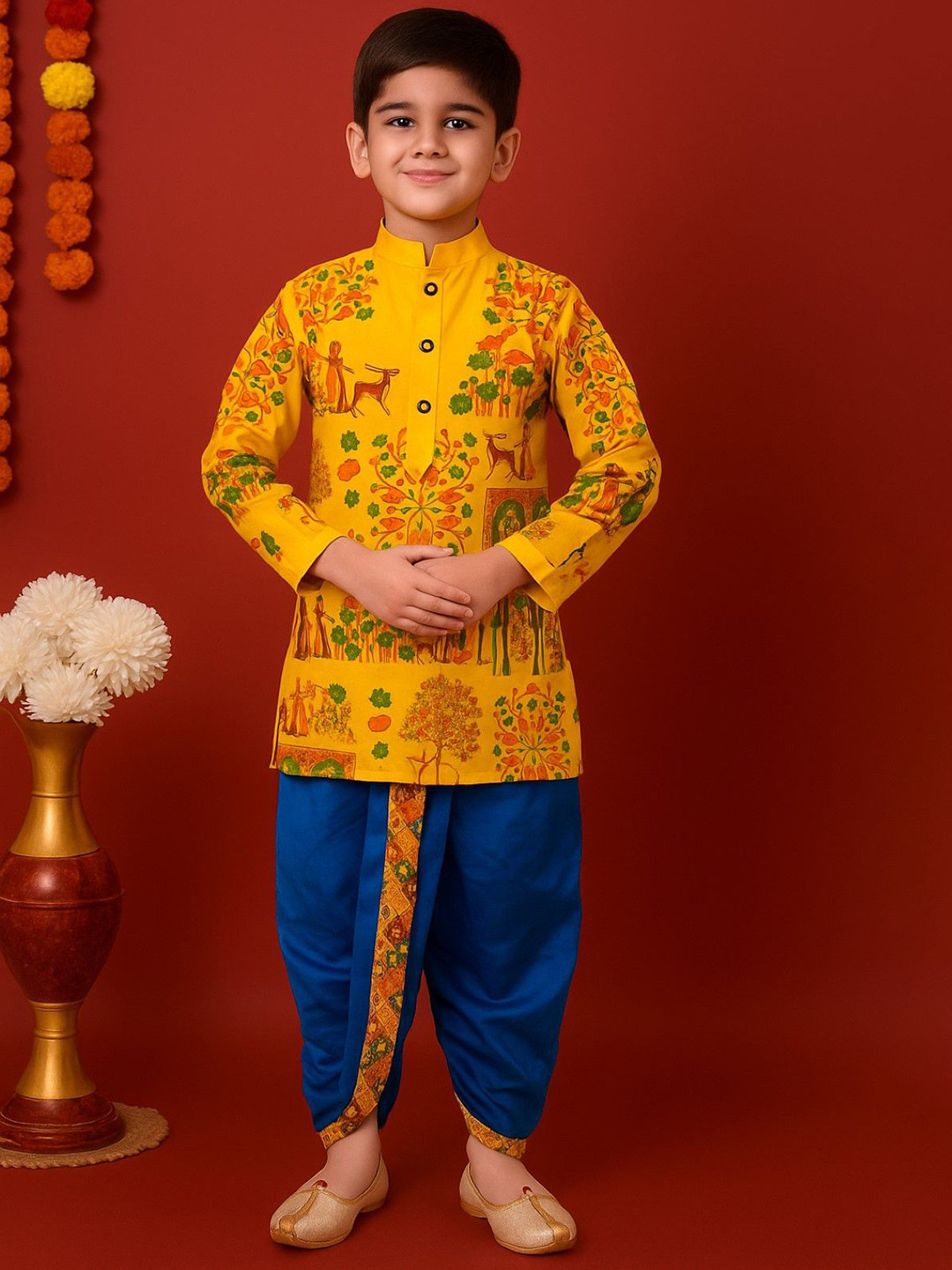 HUMAN CHOICE Boys Floral Printed Mandarin Collar Dupion Silk Kurta & Dhoti Pant