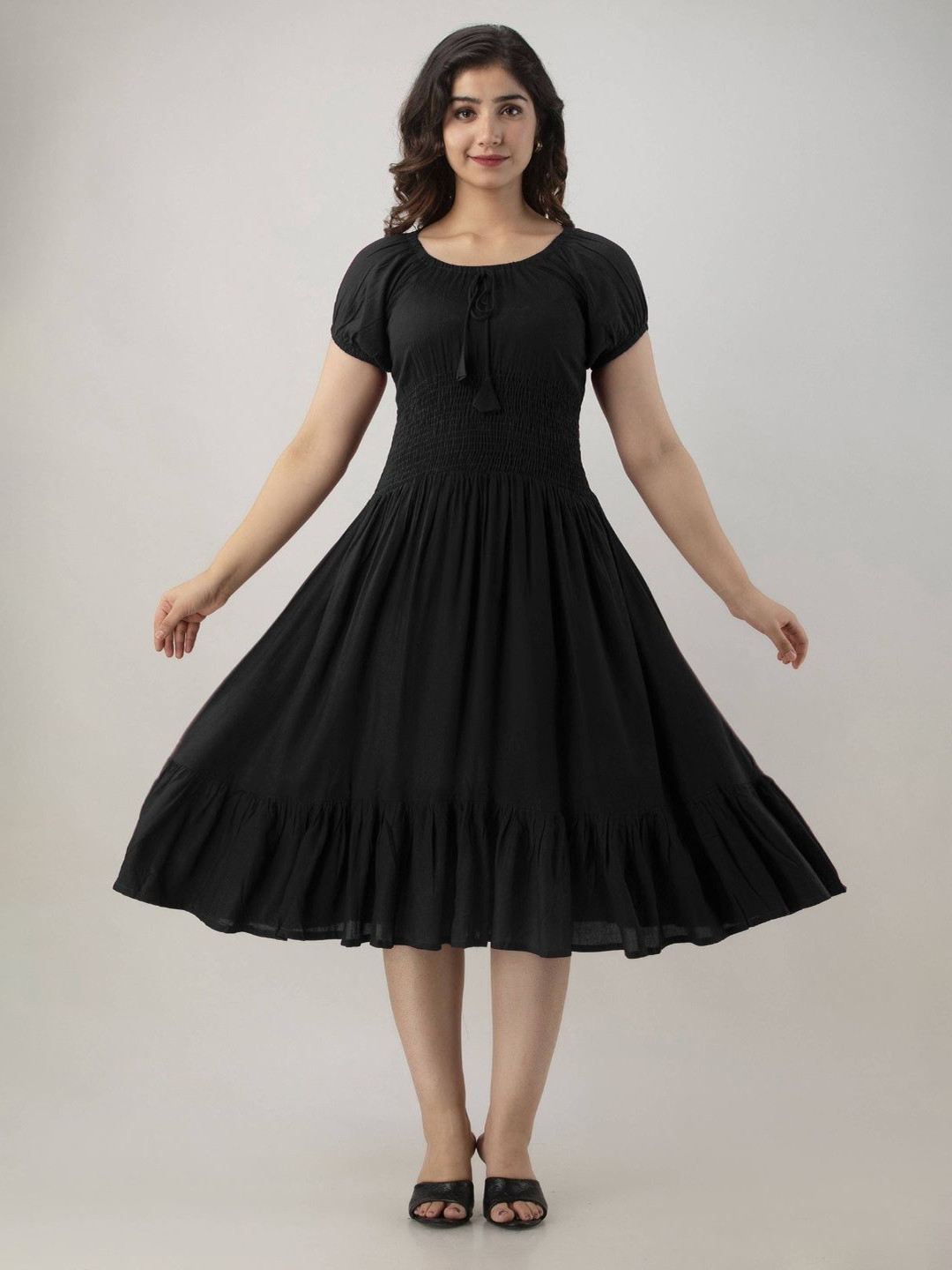 Colorful Collection Women Solid Puff Sleeve Fit & Flare Midi Dress