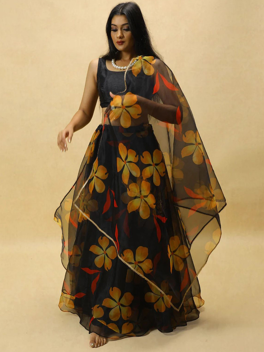 LIPS CROWN Floral Printed Semi-Stitched Organza Lehenga & Blouse With Dupatta