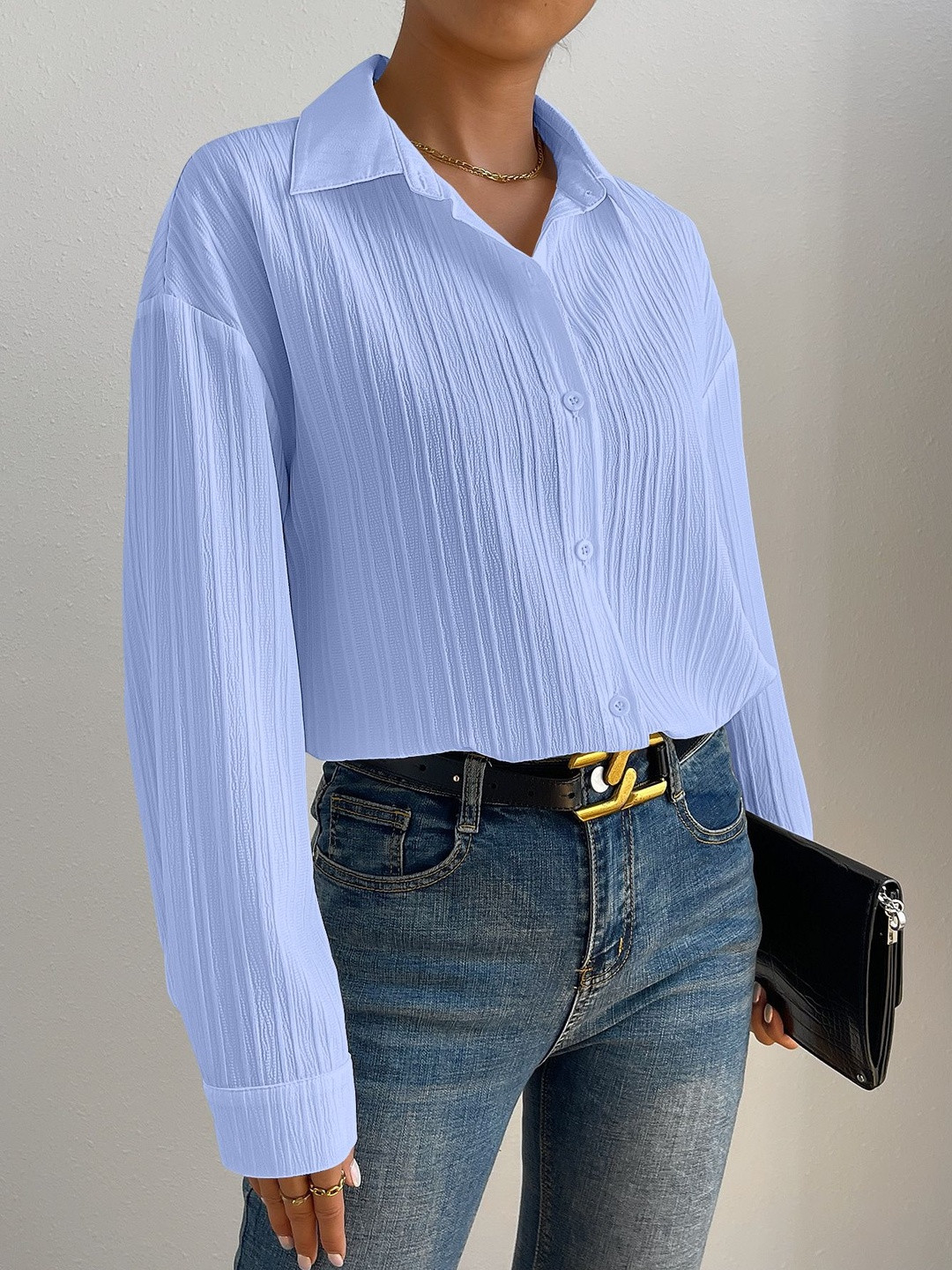 LERIYA FASHION Women Blue Shirt Collar Long Sleeves Solid Nylon Causal Tops