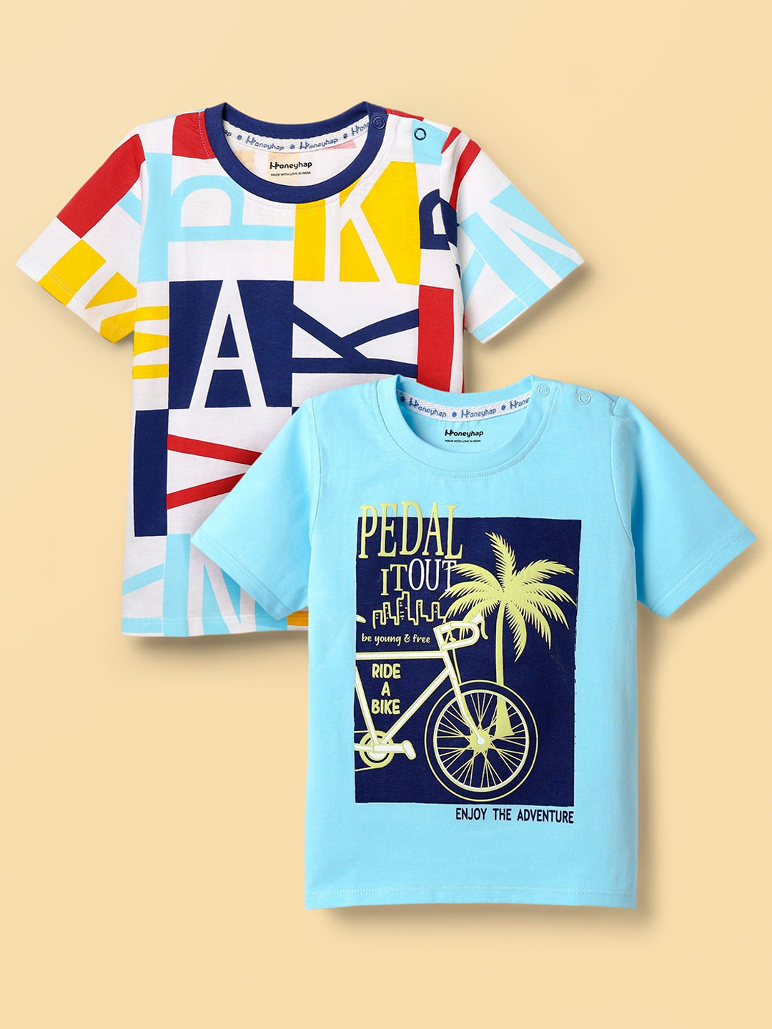 Honeyhap White & Blue Pack of 2 100% Cotton Knit T-Shirts with Text Print