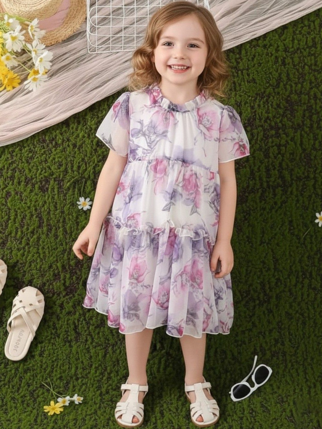 HOPZONIC Girls Floral Printed Puff Sleeve A-Line Dress With Ruffle