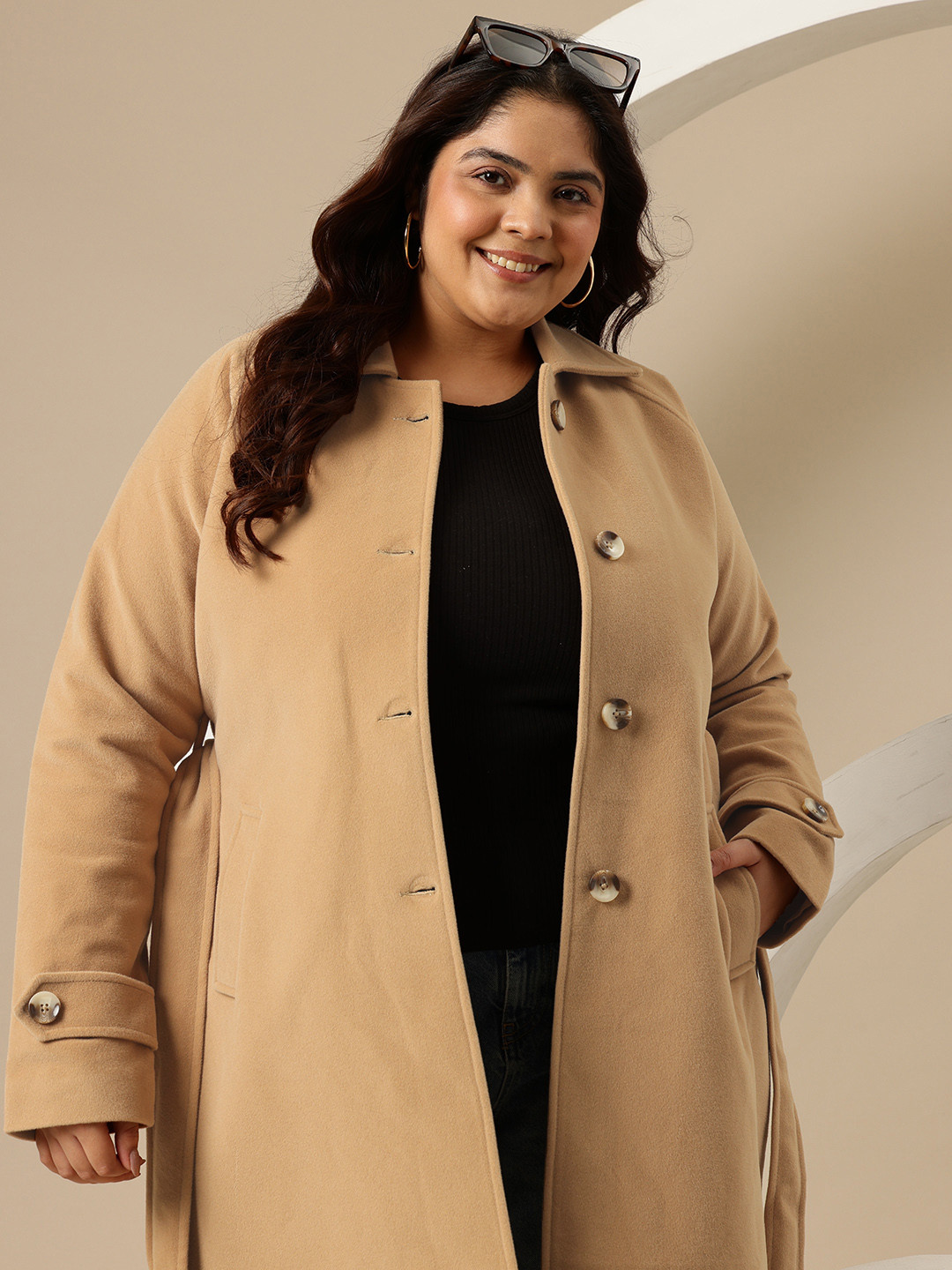 Sztori Plus Size Spread Collar Single-Breasted Regular Fit Overcoat with Belt