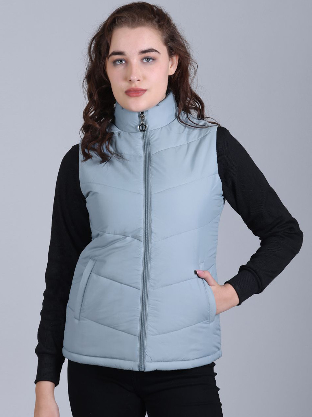 Rare Times Women Mock Collar Solid Gilet Jacket