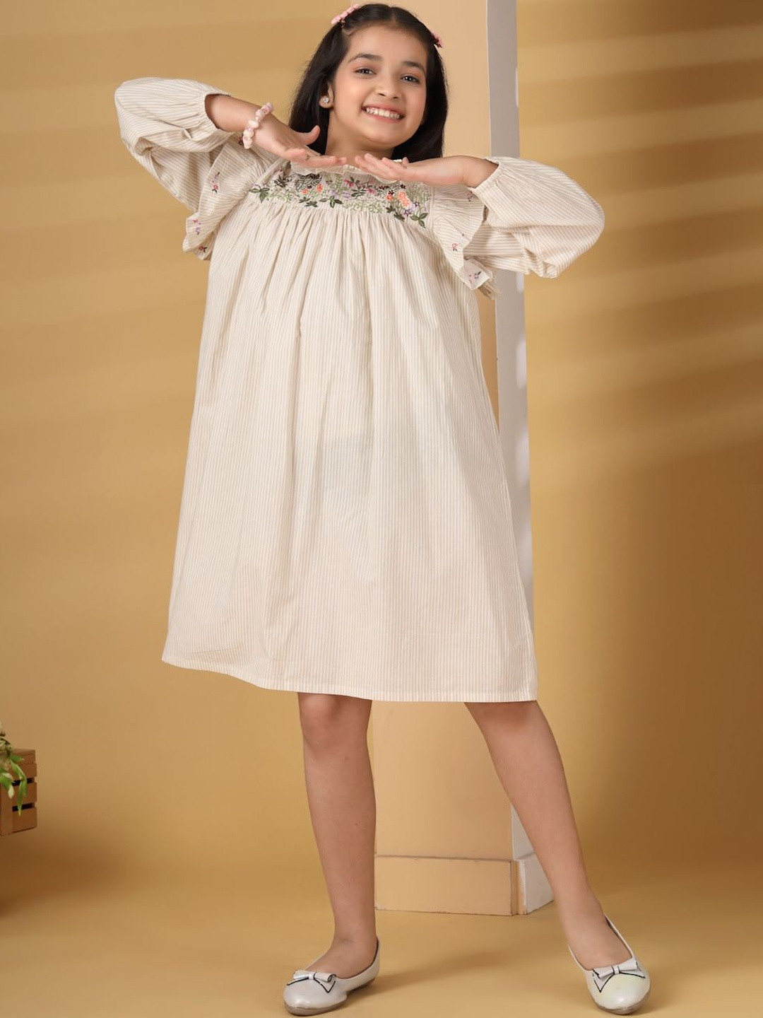 Sangria Girls Beige Striped Round Neck Frill Embroidered Cotton Dress