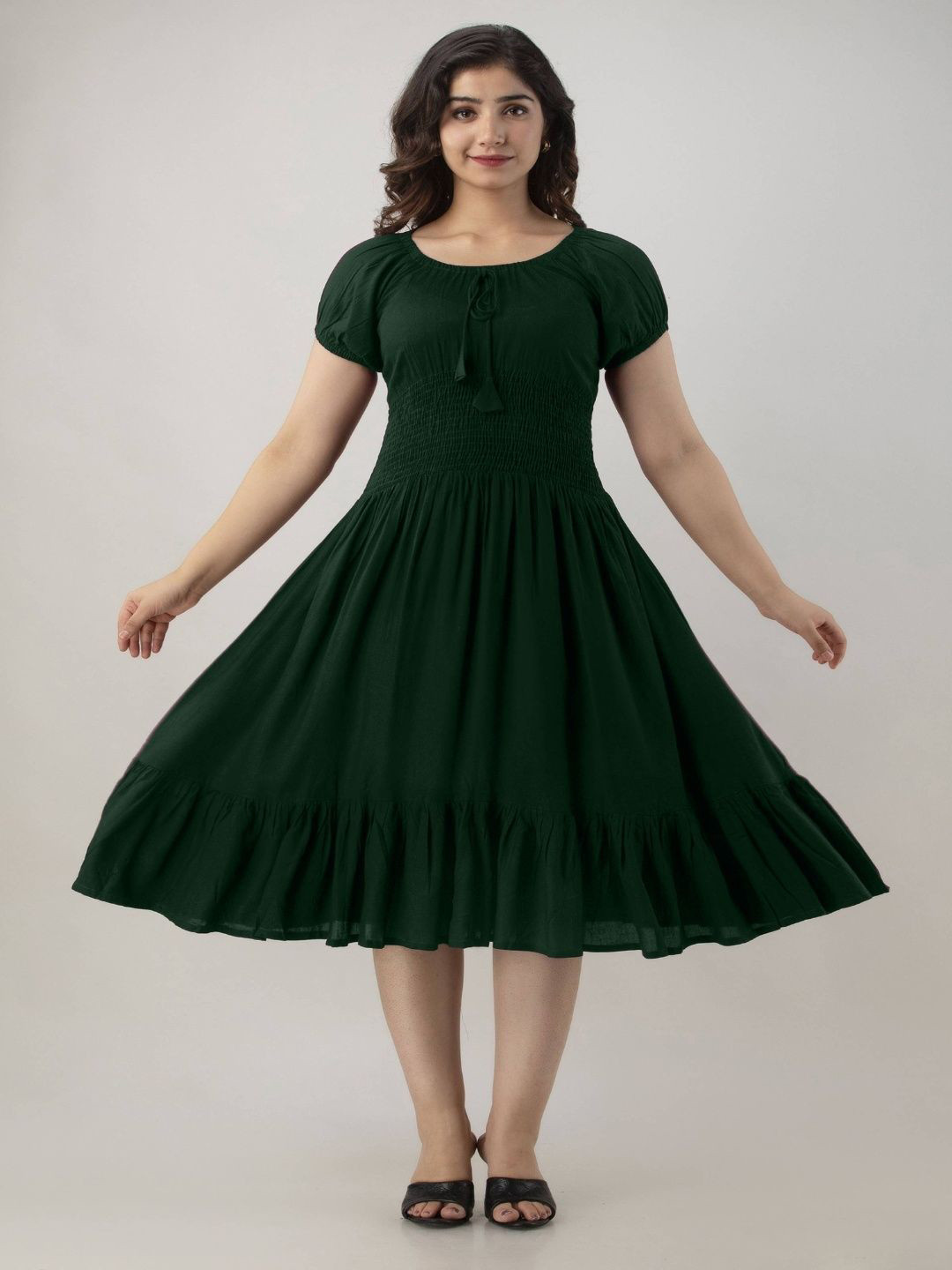 PEARL VISION Women Round Neck Puff Sleeve Smokd Fit and Flare  Midi Dress