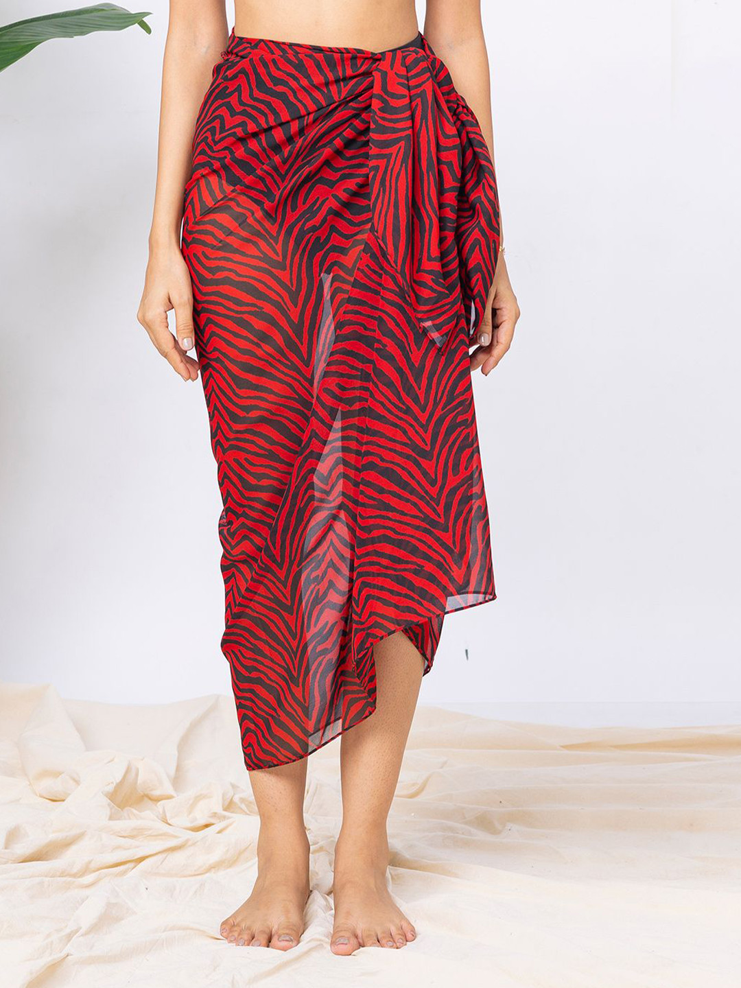 Aoba  Red & Black Animal Printed Georgette Sarong Swimwear Cover-Up Bottom