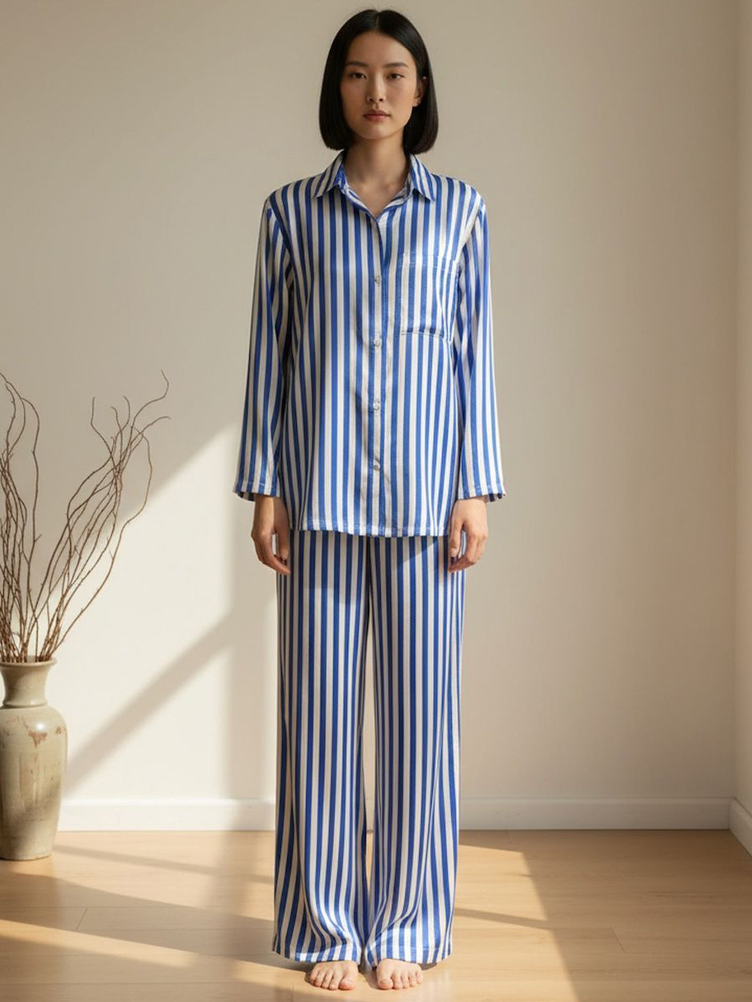 STREET 9 Women Striped Shirt Collar Night Suit