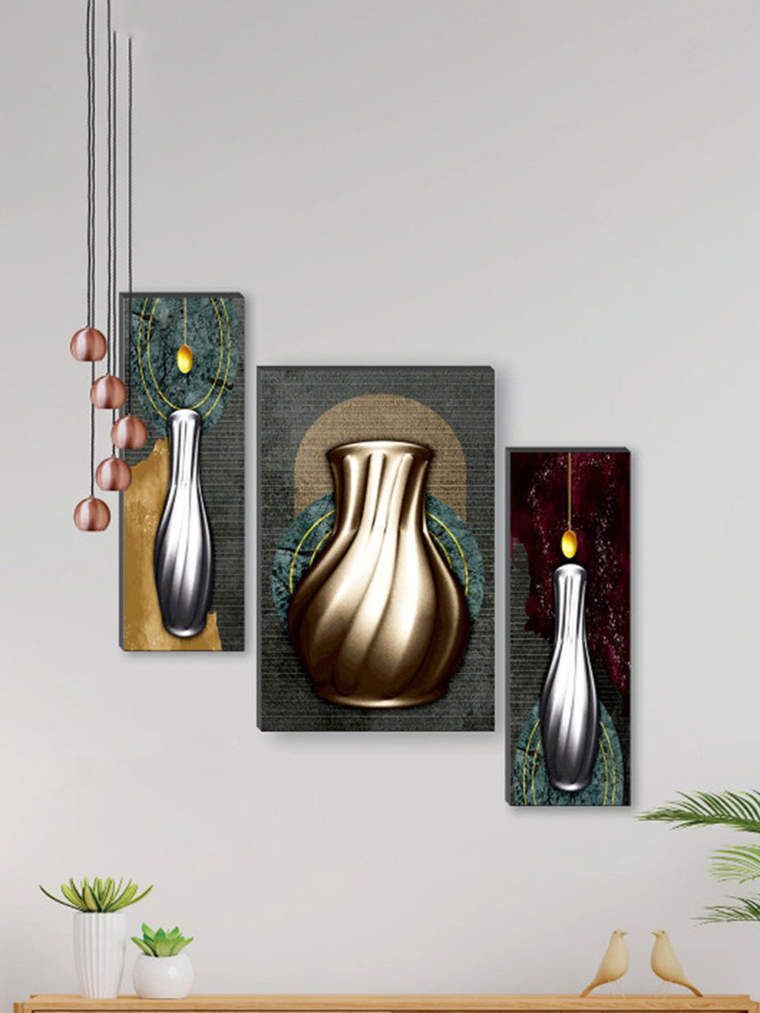 SAF Black & 3 Pcs Pretty Flowerpot UV Textured Self Adhesive Framed Wall Painting