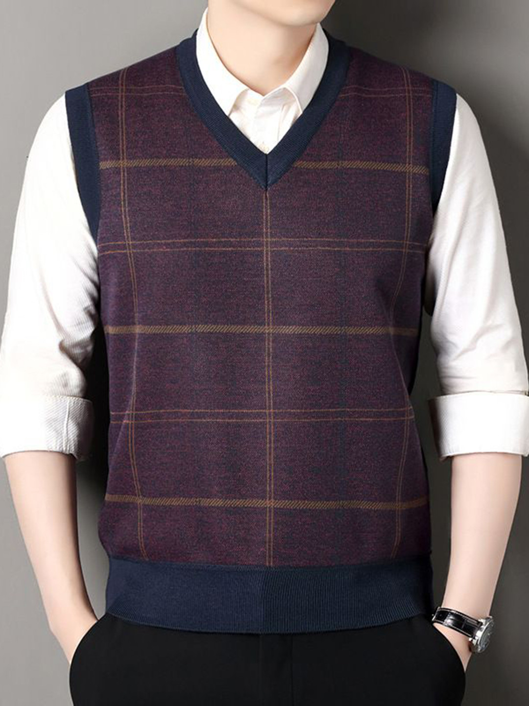 StyleCast x Revolte Men Checked V-Neck weater Vest