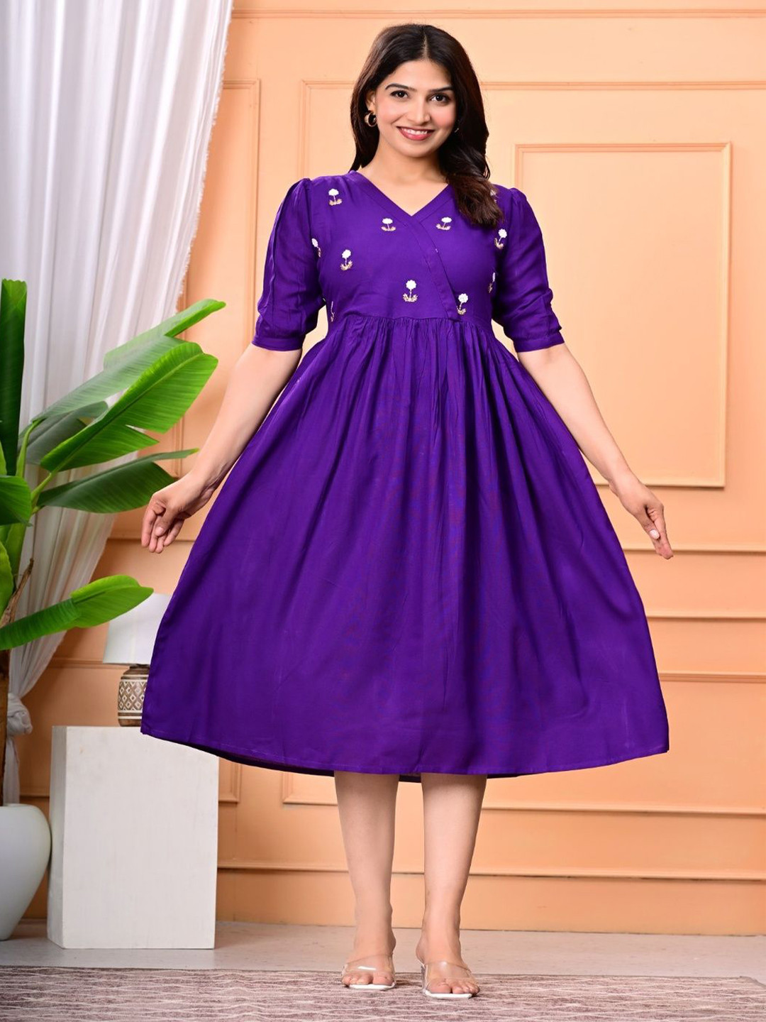 Colorful Collection Women Floral Embroidered V-Neck Fit & Flare Dress