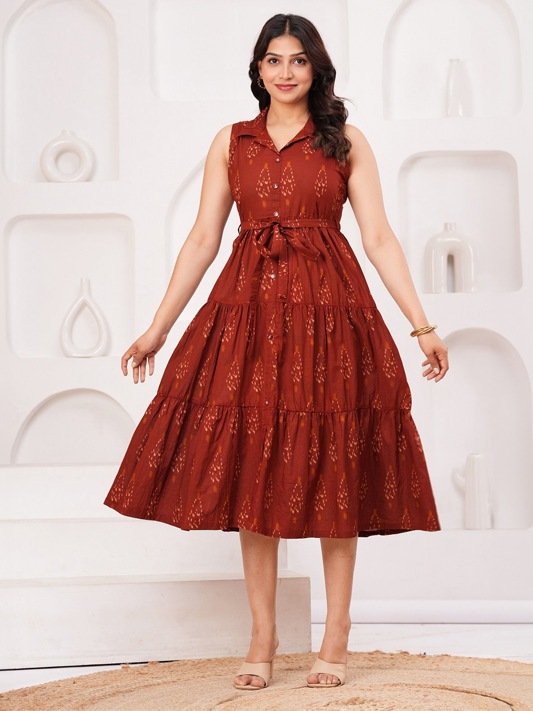 Clothy N Wave Ethnic Motifs Printed Tiered Belted Detail Fit and Flare Midi Dress