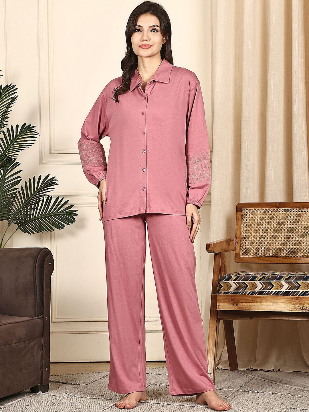 Kanvin Shirt Collar Neck Long Sleeves Button detailing Night Suit