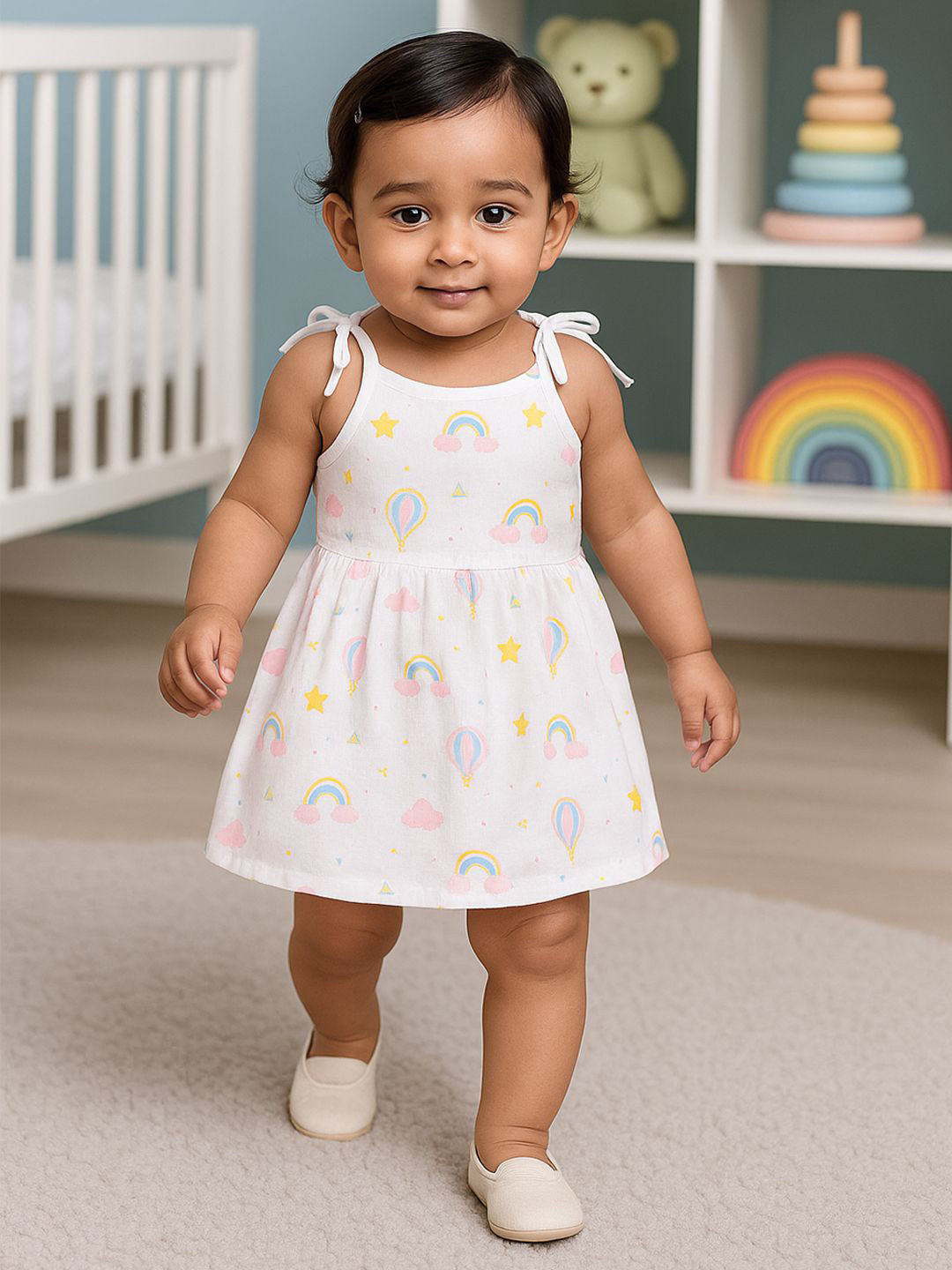 Nuego Infants Girls Balloon Print Pure Organic Cotton Muslin Knot Frock