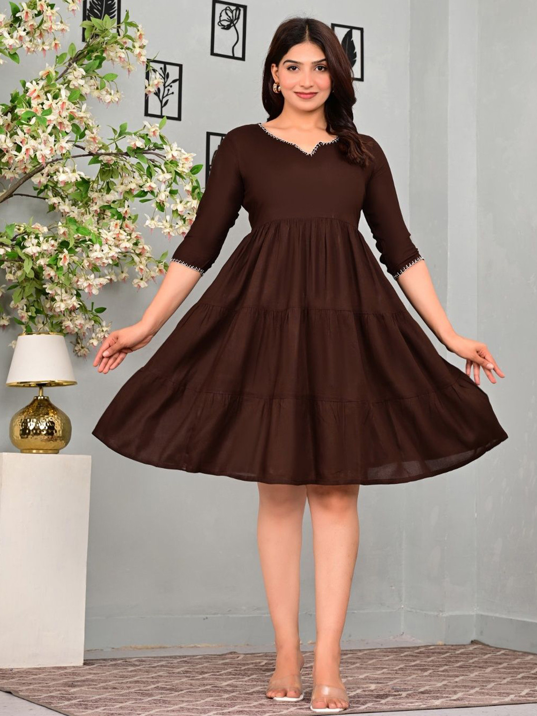 K R Sales Women Solid Fit and Flare Dress