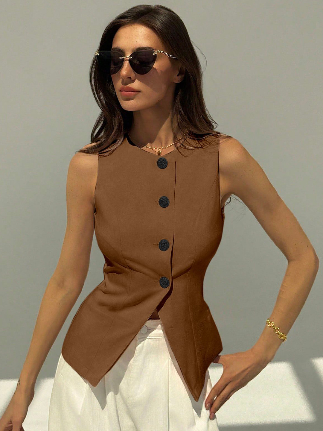 AAHWAN Round Neck Button Closure Sleeveless Top