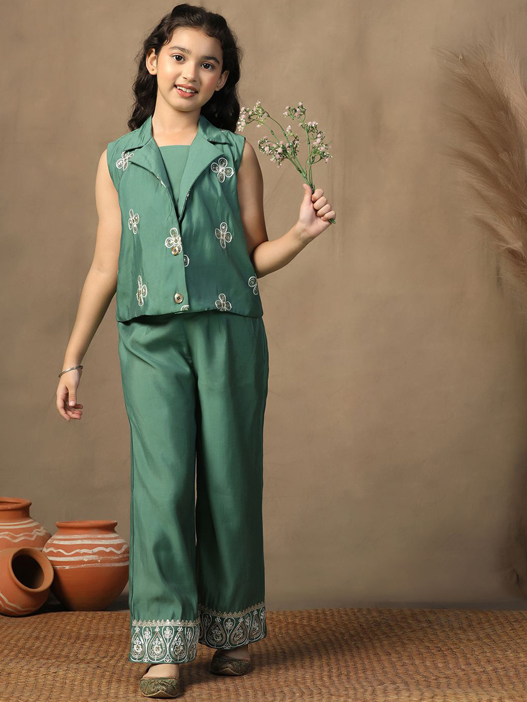 Sangria Girls Green Embroidered Regular Chanderi Silk Top Palazzo with Jacket Set