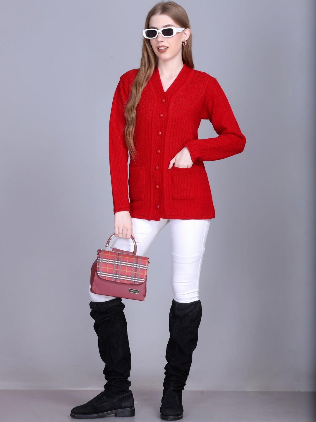 Roadster Women Red Solid Acrylic Full sleeve Cable Knit Cardigan Sweaters