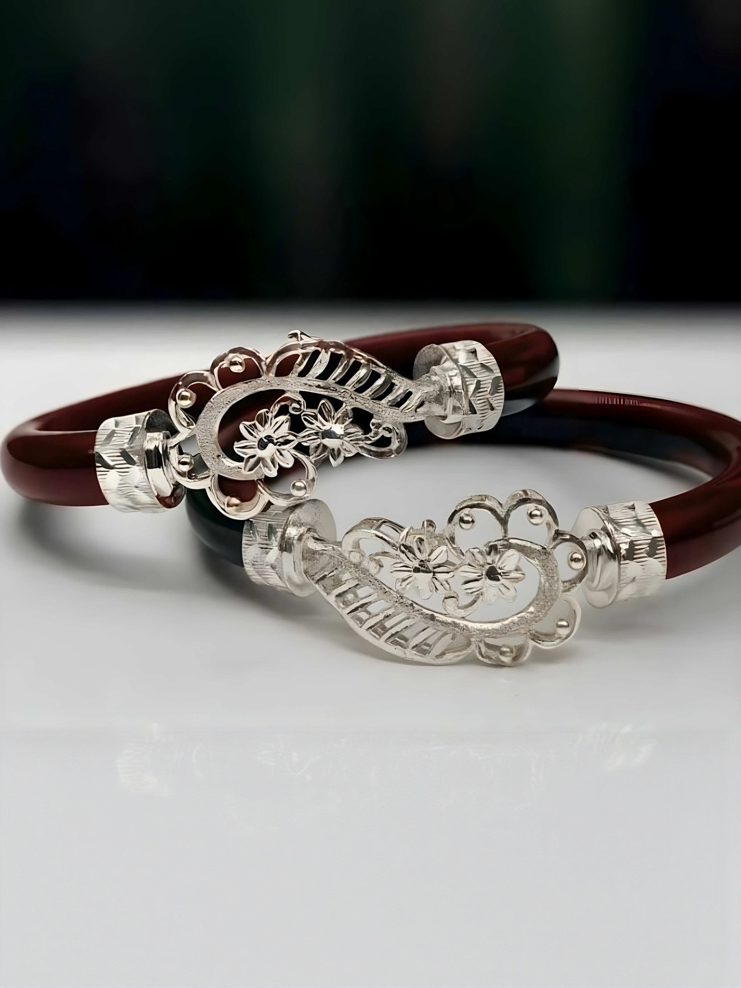 PARASMONI Women Red Set Of 2 925 Sterling Silver Pola Bangles