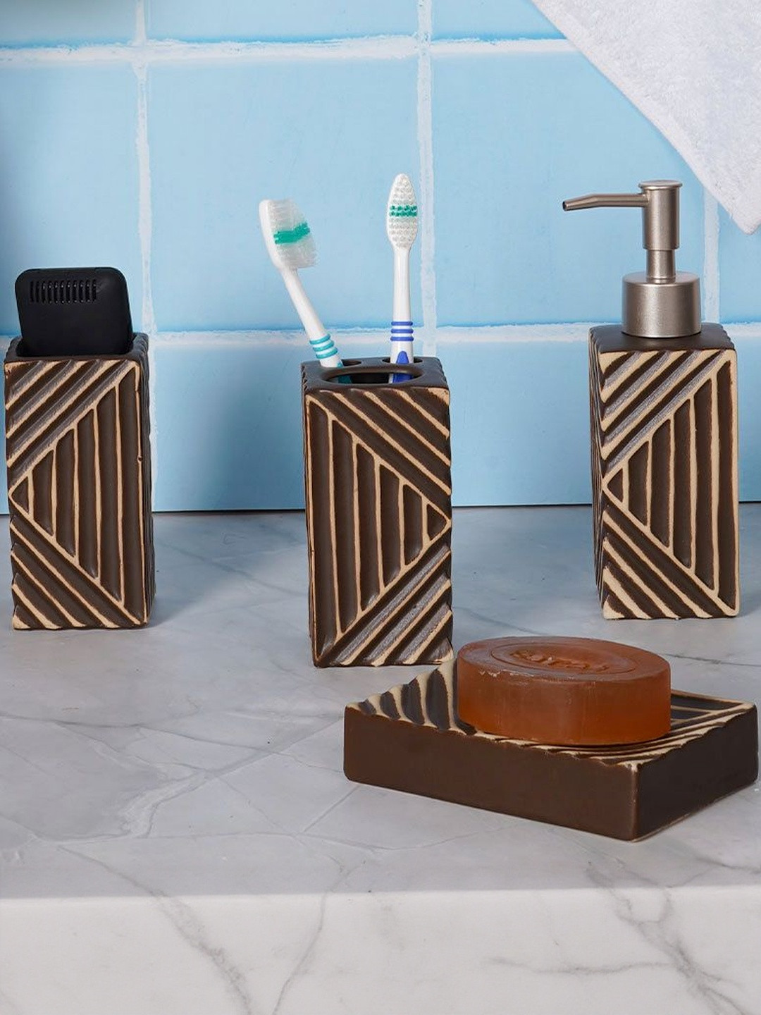 AARVI DECOR STUDIO Set of 4 Soap Case & Toothbrush Holder With Soap Dispenser Bath Set
