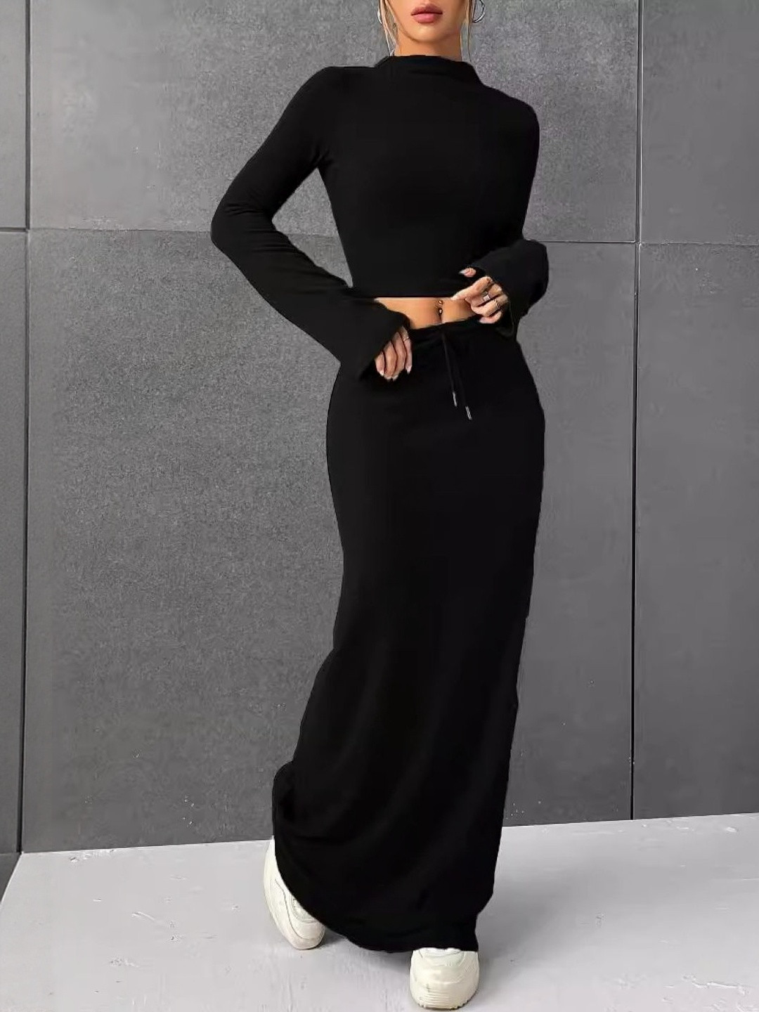 HERE&NOW Women Black High Neck Long Sleeves Polyester Top With Skirt