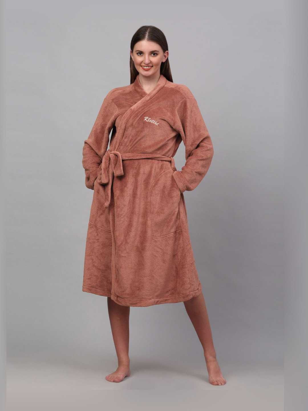 KLOTTHE Rust Solid Wool Tie-Ups Midi Bath Robe-L