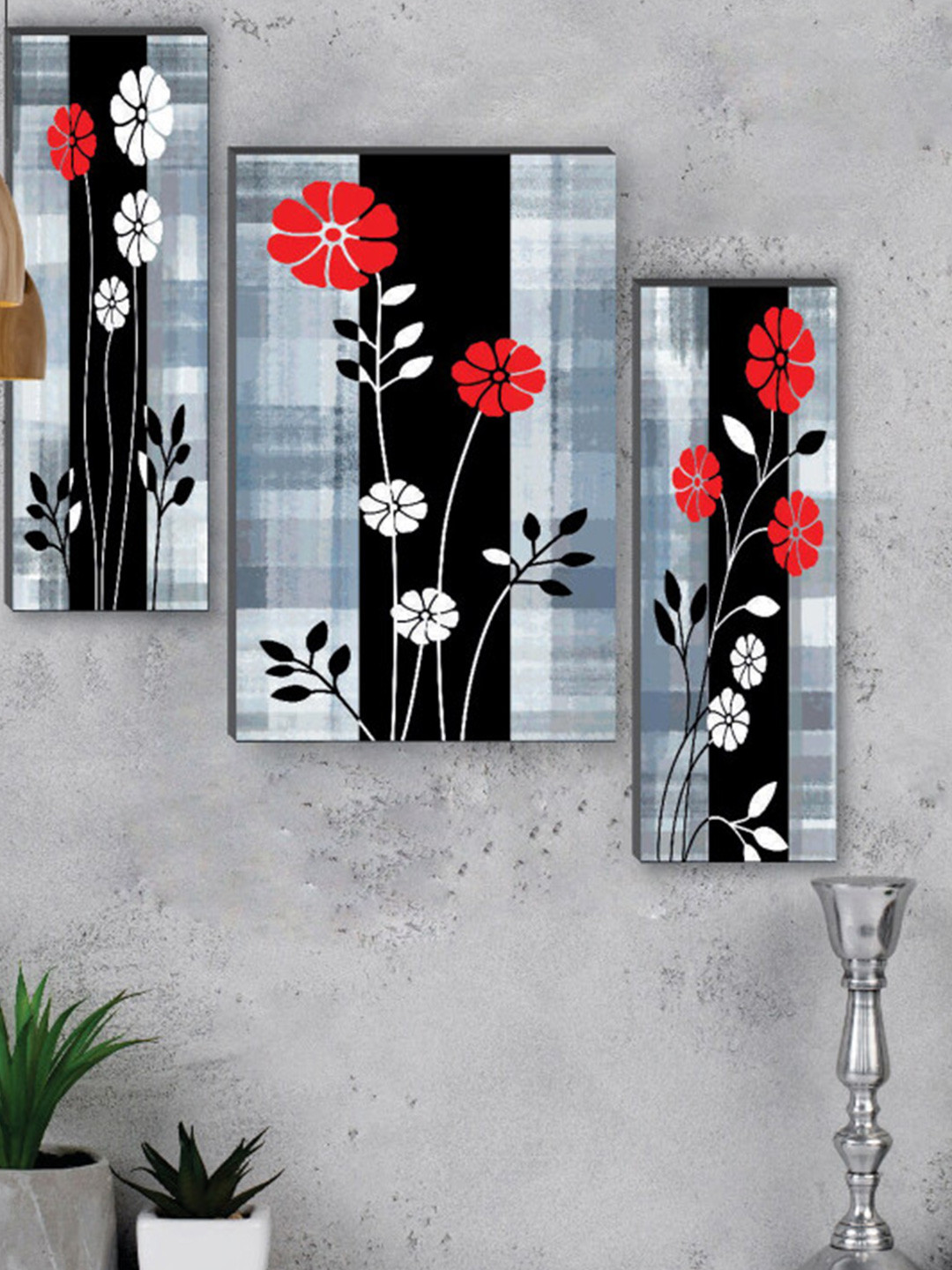 SAF Black & Red 3-Pcs Pretty Flower Pot UV Textured Self Adhesive Framed Wall Painting
