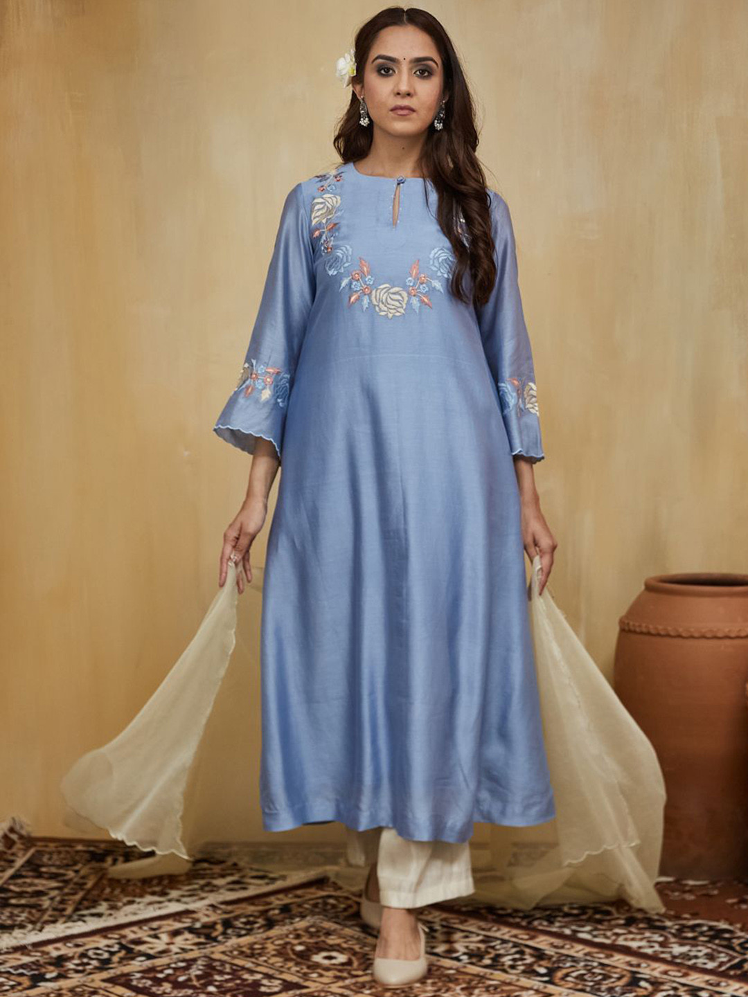 Mushio Floral Embroidered Thread Work Chanderi Silk Kurta With Trousers & Dupatta