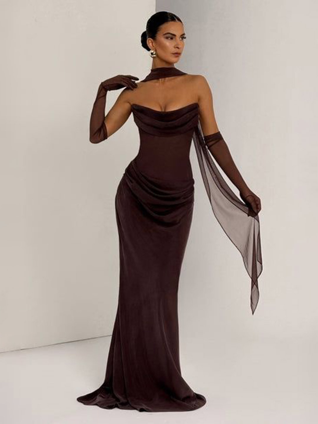 Bee Boe Women Elara Cowl Plum Brown Bandeau Maxi Dress