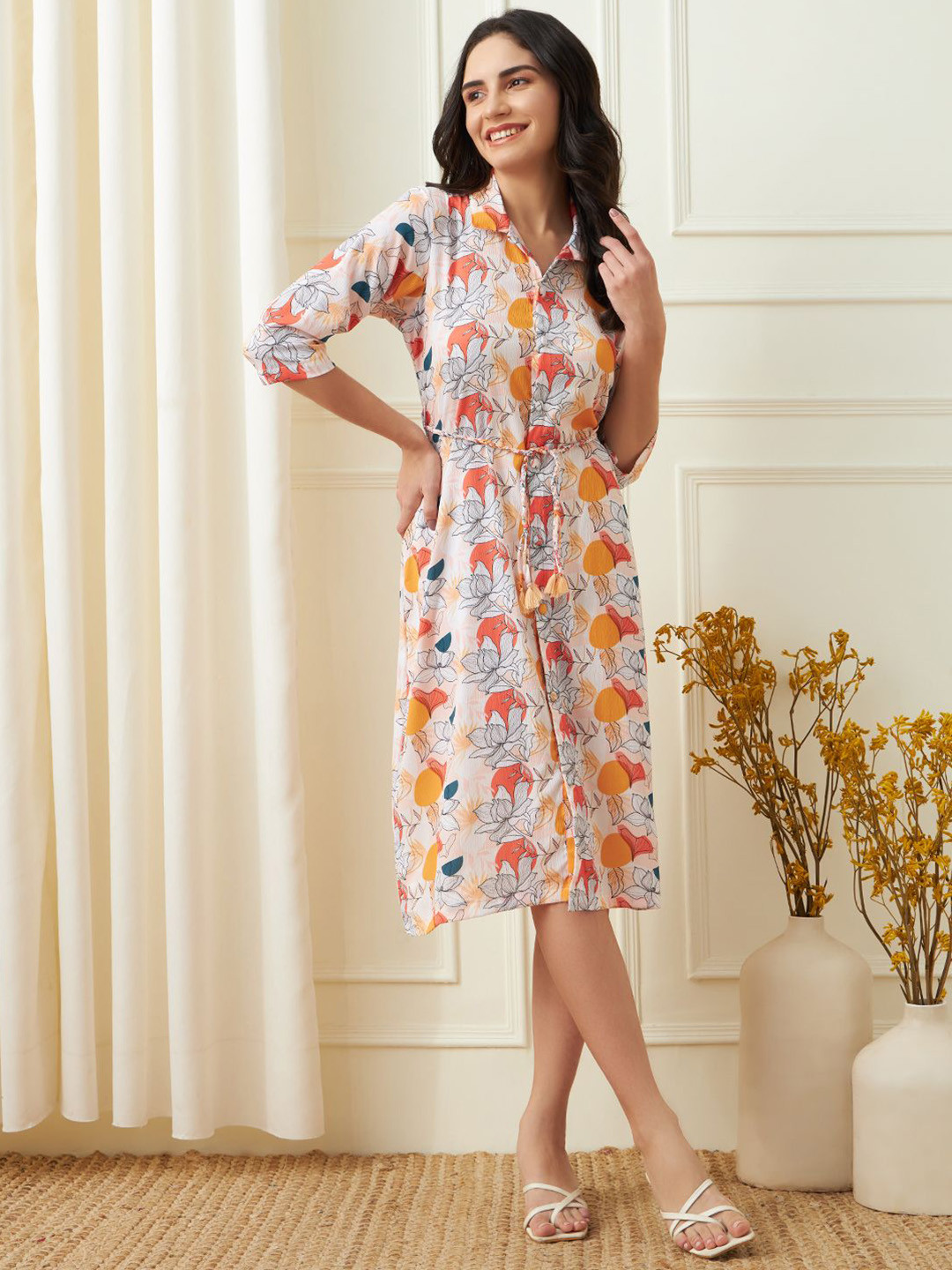 DAARI Floral Printed Shirt Collar Dress