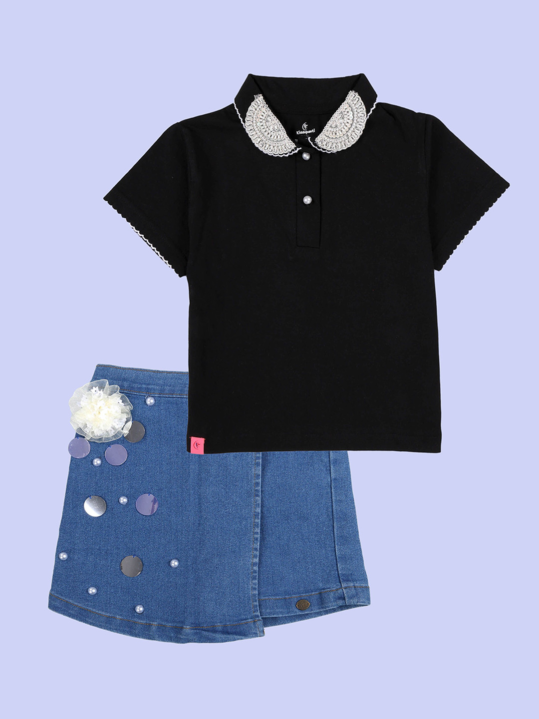 KiddoPanti Girls Solid Polo T-shirt & Over Lap Skirt With Flowers and Pearls