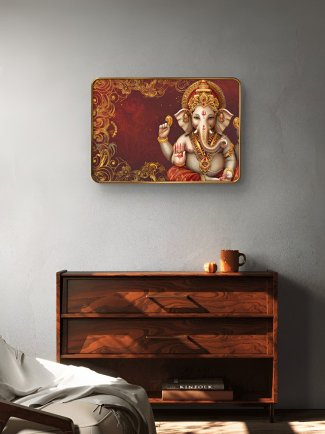 SAF Red & Gold-Toned SAF Ganesha Sparkle Lamination Wood Wall Painting
