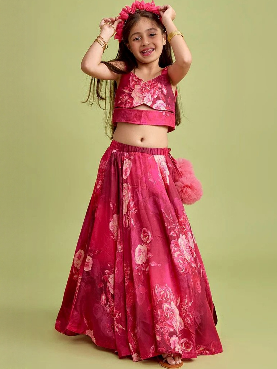 Leons Fab Girls Pink & Magenta Floral Printed V-Neck Sleeveless Crop Top & Lehenga
